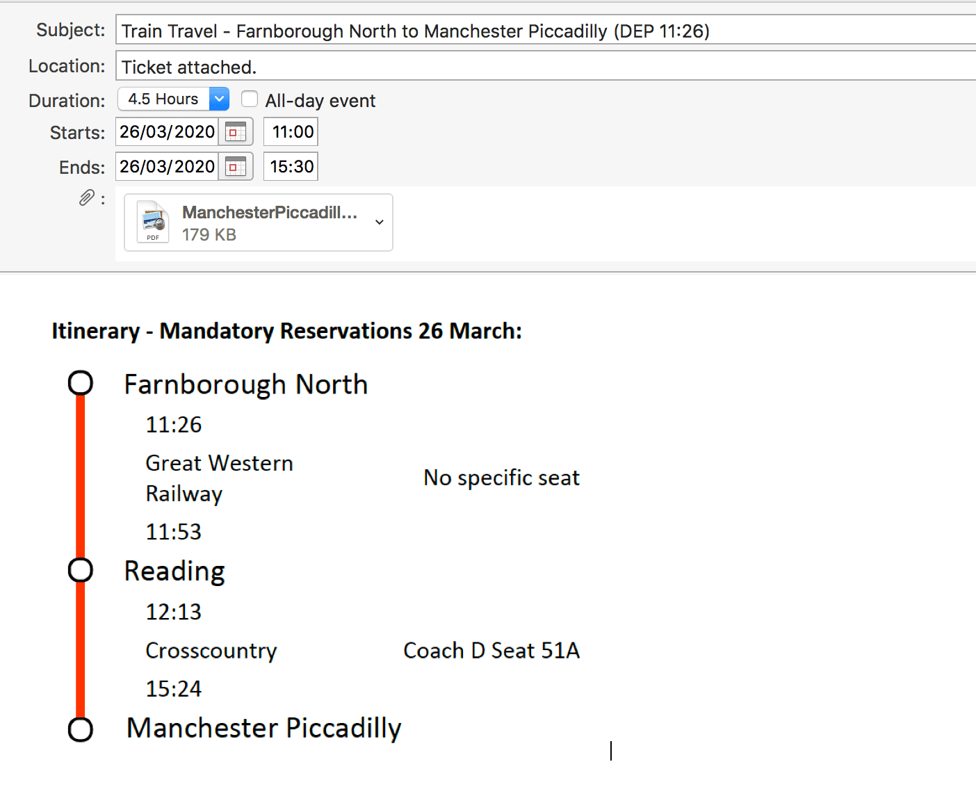 Manage your calendar - adding train journey - screenshot of timetable.