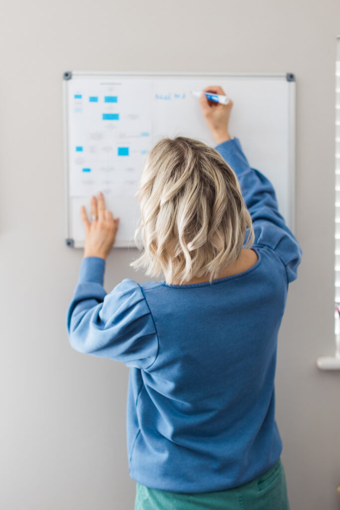 Photo of Kellie standing in blue jumper creating a process map on a whiteboard.