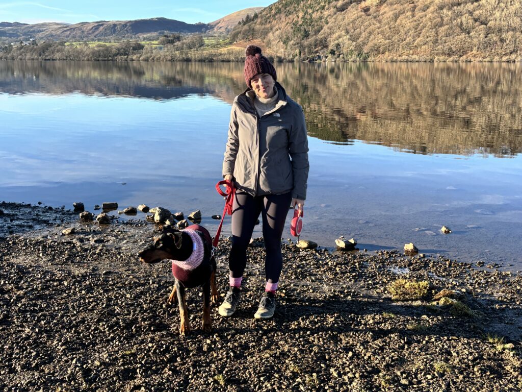 Kellie on holiday with her doberman Tilly
