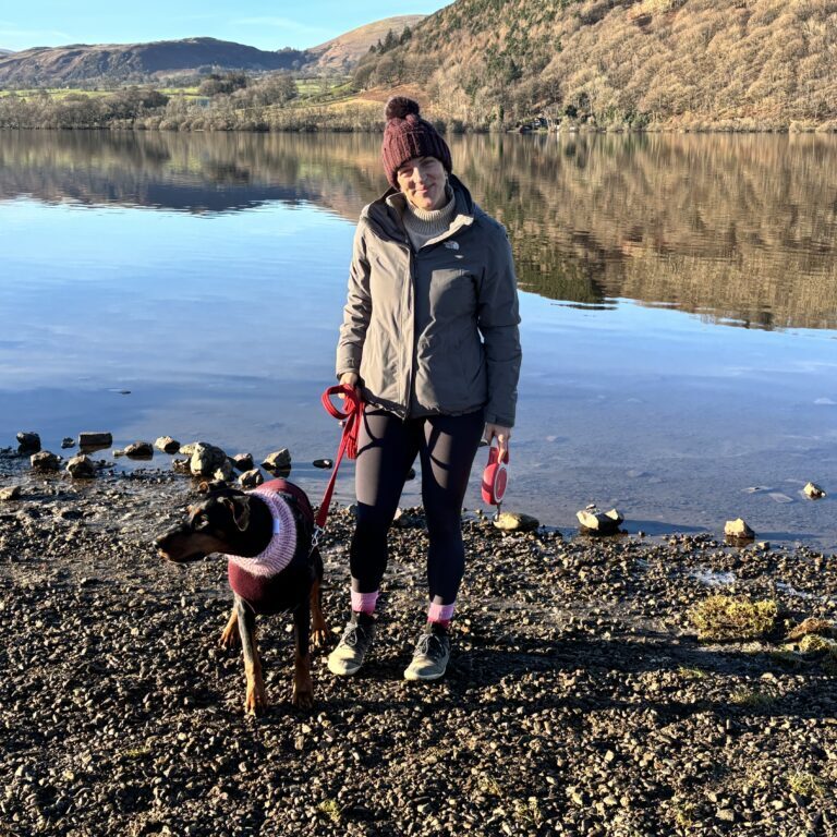 Kellie on holiday with her doberman Tilly