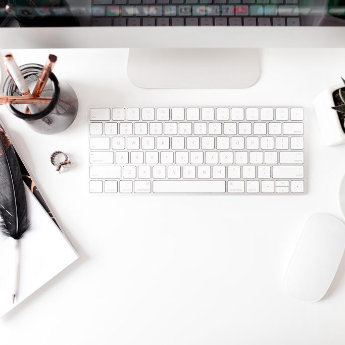 mac, keyboard, succulent, feather, glasses